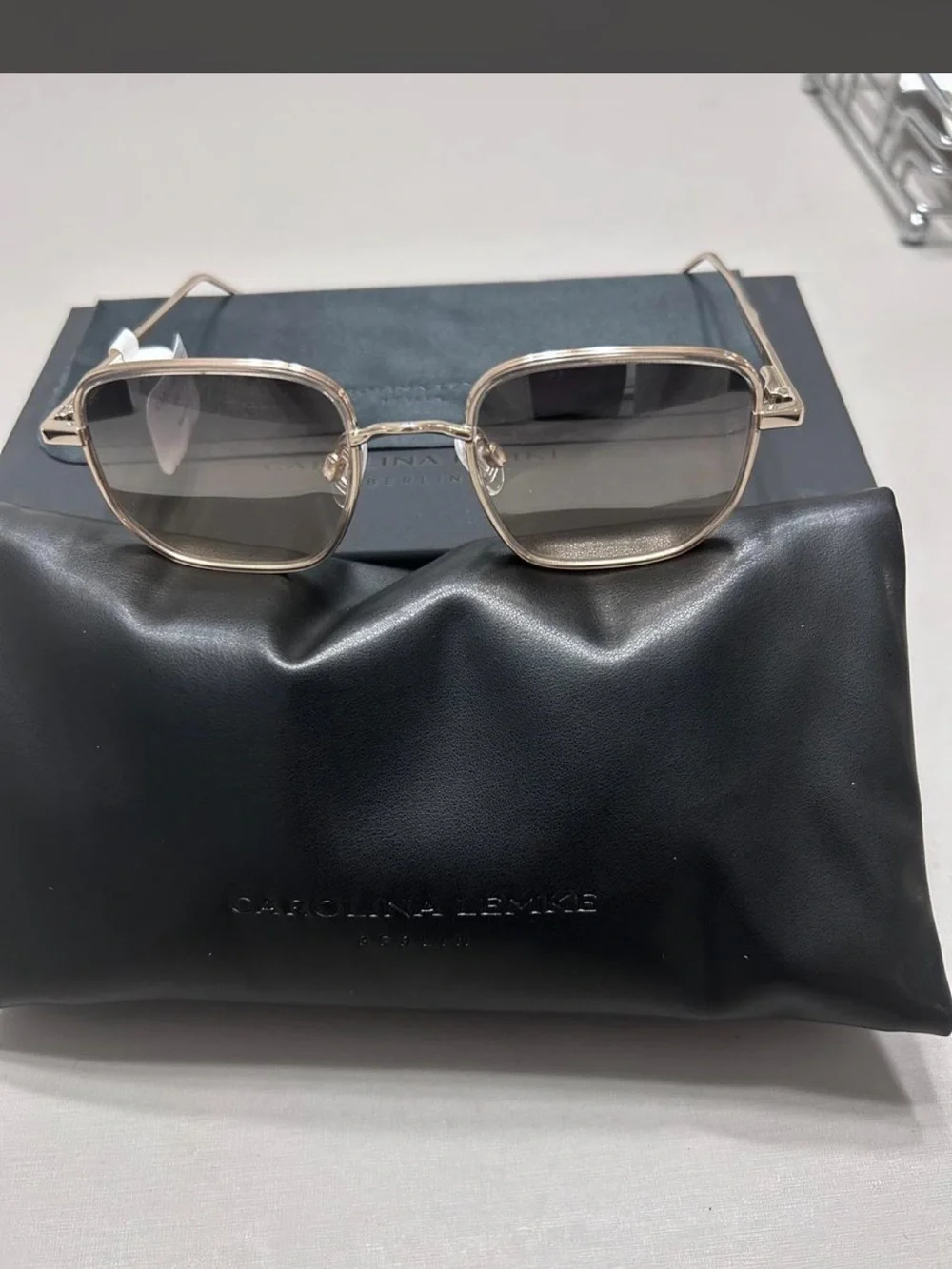 Brand New Carolina Lemke Unisex Chic Square Metal Sunglasses - Beige Gradient